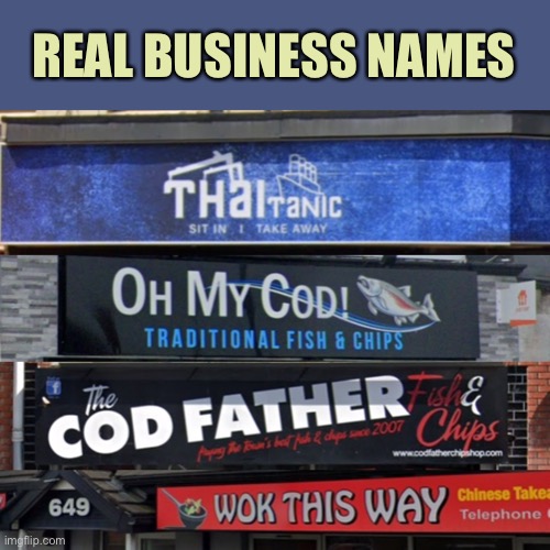 Real Business Names | REAL BUSINESS NAMES | image tagged in business names,my cod,cod father,wok this way,thaitanic,fun | made w/ Imgflip meme maker