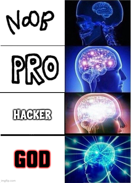 Levels | HACKER; God | image tagged in memes,expanding brain | made w/ Imgflip meme maker