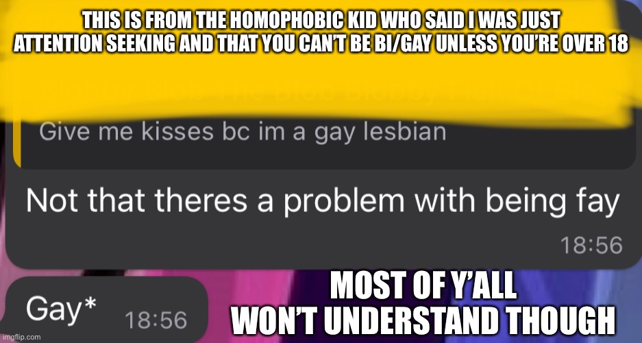 He also claimed I lied that my dog died | THIS IS FROM THE HOMOPHOBIC KID WHO SAID I WAS JUST ATTENTION SEEKING AND THAT YOU CAN’T BE BI/GAY UNLESS YOU’RE OVER 18; MOST OF Y’ALL WON’T UNDERSTAND THOUGH | made w/ Imgflip meme maker