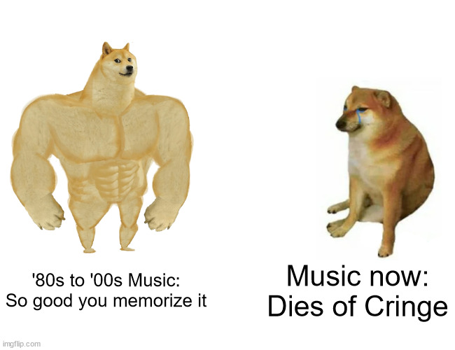 Only a few are good nowadays.... | '80s to '00s Music:
So good you memorize it; Music now:
Dies of Cringe | image tagged in memes,buff doge vs cheems,music,funny,lol,haha | made w/ Imgflip meme maker