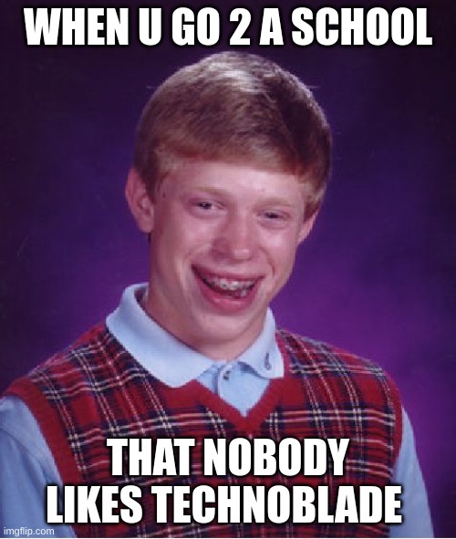 true lol | WHEN U GO 2 A SCHOOL; THAT NOBODY LIKES TECHNOBLADE | image tagged in memes,bad luck brian | made w/ Imgflip meme maker