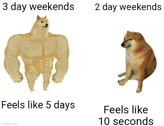 Buff Doge vs. Cheems | 3 day weekends; 2 day weekends; Feels like 5 days; Feels like 10 seconds | image tagged in memes,buff doge vs cheems | made w/ Imgflip meme maker
