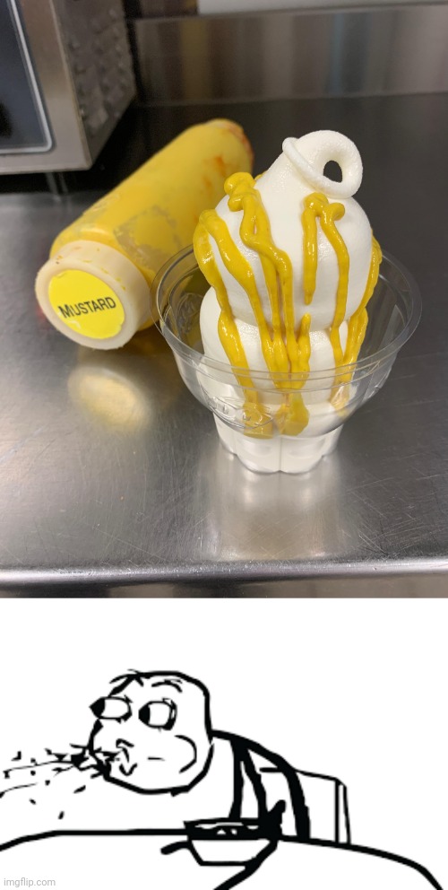 Mustard on ice cream | image tagged in person spitting out cereal,ice cream,mustard,cursed image,memes,vanilla ice cream | made w/ Imgflip meme maker