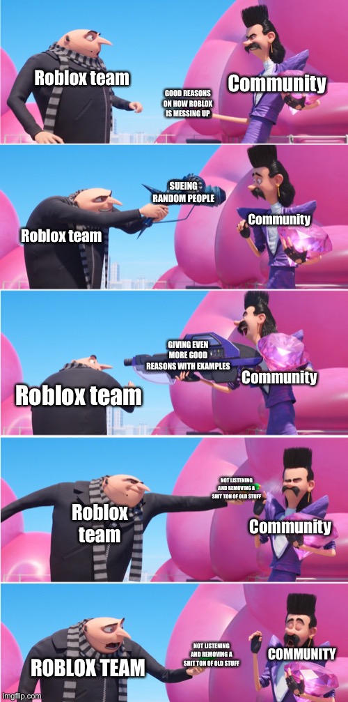 Gru vs Bratt | Community; Roblox team; GOOD REASONS ON HOW ROBLOX IS MESSING UP; Community; SUEING RANDOM PEOPLE; Roblox team; Community; GIVING EVEN MORE GOOD REASONS WITH EXAMPLES; Roblox team; Community; Roblox team; NOT LISTENING AND REMOVING A SHIT TON OF OLD STUFF; COMMUNITY; ROBLOX TEAM; NOT LISTENING AND REMOVING A SHIT TON OF OLD STUFF | image tagged in gru vs brat | made w/ Imgflip meme maker