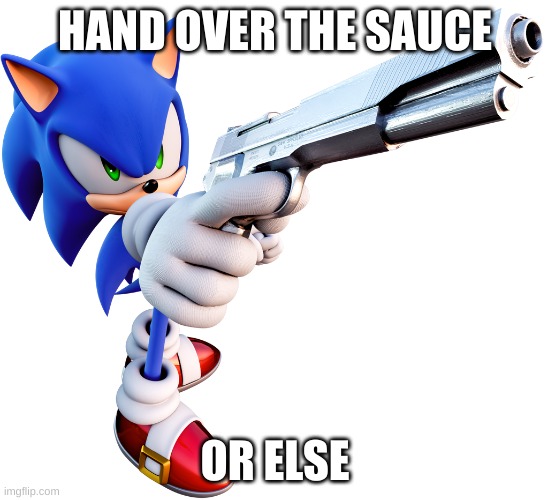 use this | HAND OVER THE SAUCE; OR ELSE | image tagged in sonic with a gun | made w/ Imgflip meme maker