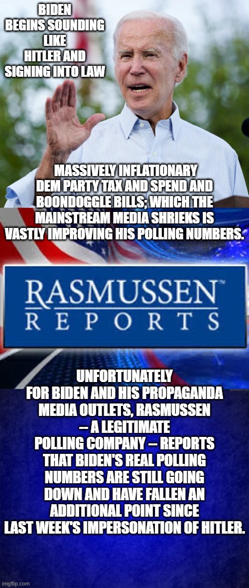 And now for a bitter dose of what all GOOD leftists hate; a cup full of . . . reality. | BIDEN BEGINS SOUNDING LIKE HITLER AND SIGNING INTO LAW; MASSIVELY INFLATIONARY DEM PARTY TAX AND SPEND AND BOONDOGGLE BILLS; WHICH THE MAINSTREAM MEDIA SHRIEKS IS VASTLY IMPROVING HIS POLLING NUMBERS. UNFORTUNATELY FOR BIDEN AND HIS PROPAGANDA MEDIA OUTLETS, RASMUSSEN -- A LEGITIMATE POLLING COMPANY -- REPORTS THAT BIDEN'S REAL POLLING NUMBERS ARE STILL GOING DOWN AND HAVE FALLEN AN ADDITIONAL POINT SINCE LAST WEEK'S IMPERSONATION OF HITLER. | image tagged in reality | made w/ Imgflip meme maker