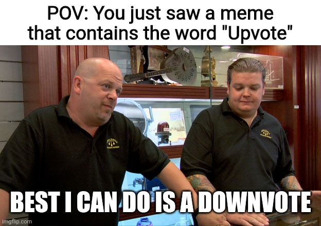 Pawn Stars Best I Can Do |  POV: You just saw a meme that contains the word "Upvote"; BEST I CAN DO IS A DOWNVOTE | image tagged in pawn stars best i can do,memes,upvote,funny memes,gifs,not really a gif | made w/ Imgflip meme maker
