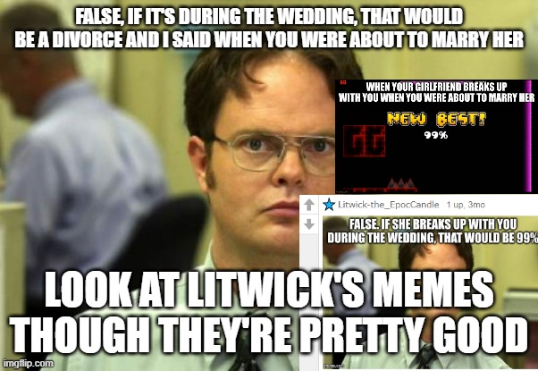 you fool | FALSE, IF IT'S DURING THE WEDDING, THAT WOULD BE A DIVORCE AND I SAID WHEN YOU WERE ABOUT TO MARRY HER; LOOK AT LITWICK'S MEMES THOUGH THEY'RE PRETTY GOOD | image tagged in memes,dwight schrute | made w/ Imgflip meme maker