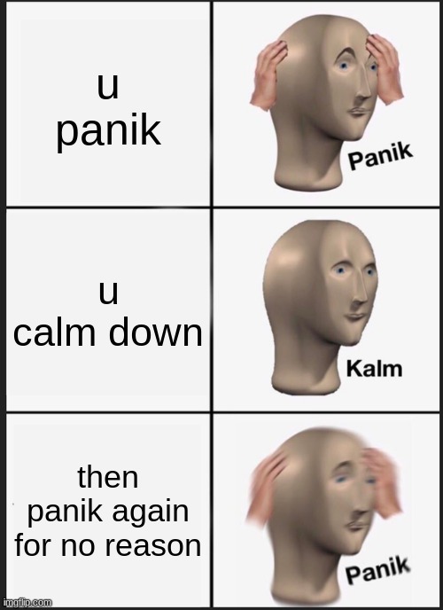 idk what im doing anymore | u panik; u calm down; then panik again for no reason | image tagged in memes,panik kalm panik | made w/ Imgflip meme maker