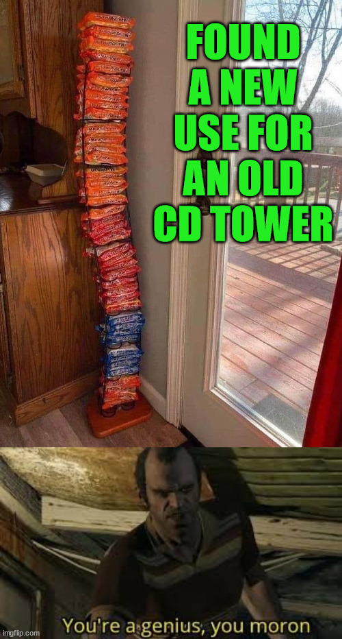 FOUND A NEW USE FOR AN OLD CD TOWER | image tagged in youre a genius you moron | made w/ Imgflip meme maker