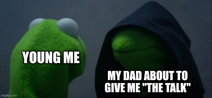 Evil Kermit | YOUNG ME; MY DAD ABOUT TO GIVE ME "THE TALK" | image tagged in memes,evil kermit | made w/ Imgflip meme maker