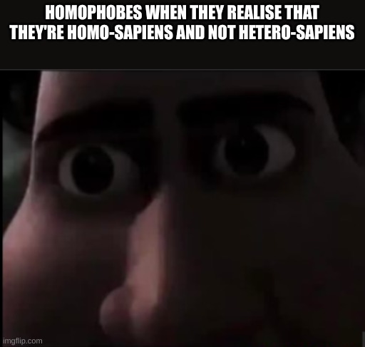 not gay but... | HOMOPHOBES WHEN THEY REALISE THAT THEY'RE HOMO-SAPIENS AND NOT HETERO-SAPIENS | image tagged in tighten stare,funny memes,yeet,yeah this is big brain time | made w/ Imgflip meme maker