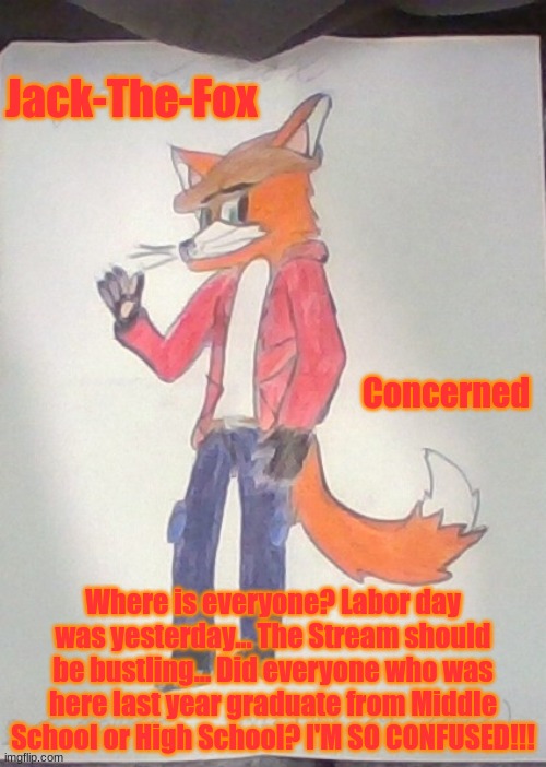 Why did the stream suddenly die? | Jack-The-Fox; Concerned; Where is everyone? Labor day was yesterday... The Stream should be bustling... Did everyone who was here last year graduate from Middle School or High School? I'M SO CONFUSED!!! | image tagged in jack the fox redraw | made w/ Imgflip meme maker