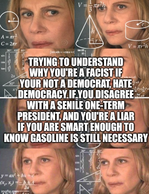I love how disagreeing with someone makes you a traitor now. Term limits will fix ALL of this folks. |  TRYING TO UNDERSTAND WHY YOU'RE A FACIST IF YOUR NOT A DEMOCRAT, HATE DEMOCRACY IF YOU DISAGREE WITH A SENILE ONE-TERM PRESIDENT, AND YOU'RE A LIAR IF YOU ARE SMART ENOUGH TO KNOW GASOLINE IS STILL NECESSARY | image tagged in calculating meme,democrats,expectation vs reality,liberals,politics,broken | made w/ Imgflip meme maker