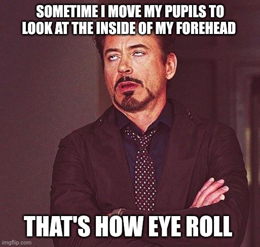 Robert Downey Jr Annoyed | SOMETIME I MOVE MY PUPILS TO LOOK AT THE INSIDE OF MY FOREHEAD; THAT'S HOW EYE ROLL | image tagged in robert downey jr annoyed | made w/ Imgflip meme maker