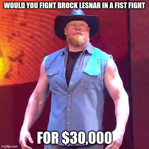 Cowboy Brock Lesnar | WOULD YOU FIGHT BROCK LESNAR IN A FIST FIGHT; FOR $30,000 | image tagged in cowboy brock lesnar | made w/ Imgflip meme maker