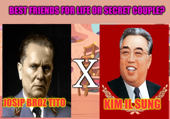 Political propaganda | BEST FRIENDS FOR LIFE OR SECRET COUPLE? X; JOSIP BROZ TITO; KIM IL SUNG | image tagged in mlp library,shipping,challenge,or actually real lovers,lost to history | made w/ Imgflip meme maker