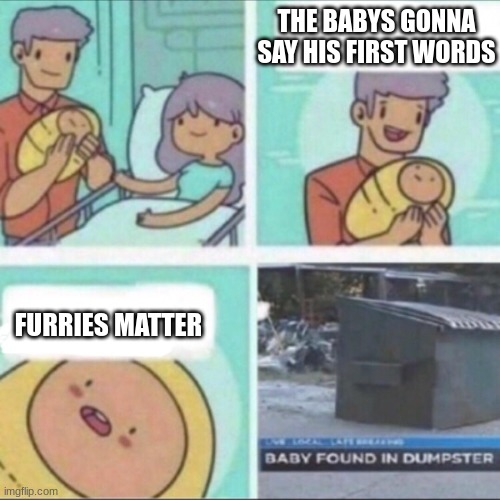 fetus deletus | THE BABYS GONNA SAY HIS FIRST WORDS; FURRIES MATTER | image tagged in baby found in dumpster,funny,furries,fetus | made w/ Imgflip meme maker