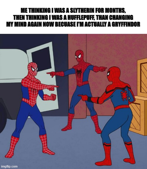 Spider Man Triple | ME THINKING I WAS A SLYTHERIN FOR MONTHS, THEN THINKING I WAS A HUFFLEPUFF, THAN CHANGING MY MIND AGAIN NOW BECUASE I'M ACTUALLY A GRYFFINDOR | image tagged in spider man triple | made w/ Imgflip meme maker