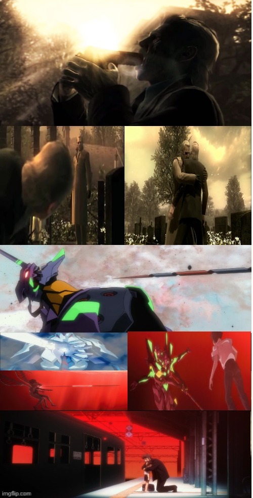 Drawing parallels that do not make any sense n°5 | image tagged in neon genesis evangelion,metal gear solid,rebuild of evangelion,solid snake | made w/ Imgflip meme maker