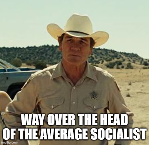 Tommy Lee Jones, No Country.. | WAY OVER THE HEAD OF THE AVERAGE SOCIALIST | image tagged in tommy lee jones no country | made w/ Imgflip meme maker