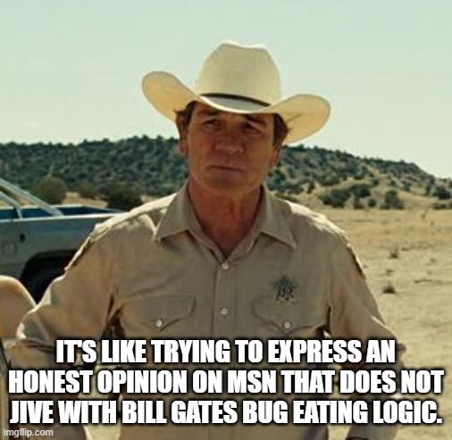 Tommy Lee Jones, No Country.. | IT'S LIKE TRYING TO EXPRESS AN HONEST OPINION ON MSN THAT DOES NOT JIVE WITH BILL GATES BUG EATING LOGIC. | image tagged in tommy lee jones no country | made w/ Imgflip meme maker