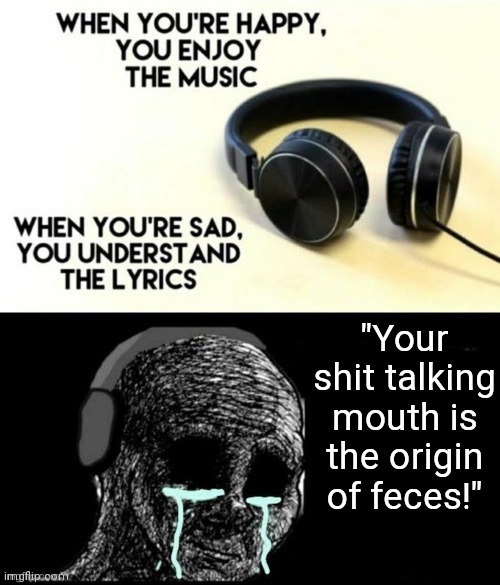 ;( | "Your shit talking mouth is the origin of feces!" | image tagged in when your sad you understand the lyrics,epic rap battles of history,erb,music | made w/ Imgflip meme maker