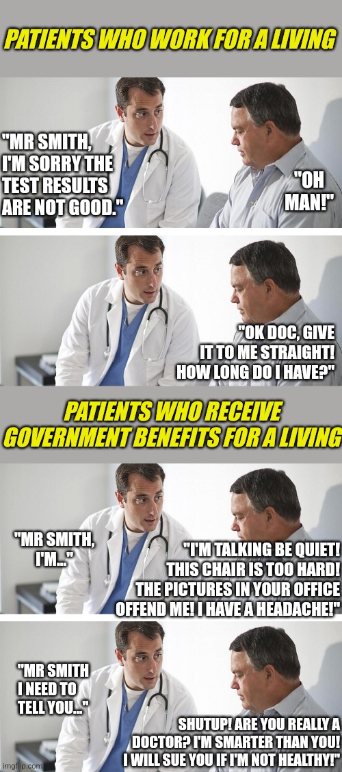 If you work heathcare, you've seen this time and time again.... | PATIENTS WHO WORK FOR A LIVING; "MR SMITH, I'M SORRY THE TEST RESULTS ARE NOT GOOD."; "OH MAN!"; "OK DOC, GIVE IT TO ME STRAIGHT! HOW LONG DO I HAVE?"; PATIENTS WHO RECEIVE GOVERNMENT BENEFITS FOR A LIVING; "MR SMITH, I'M..."; "I'M TALKING BE QUIET! THIS CHAIR IS TOO HARD! THE PICTURES IN YOUR OFFICE OFFEND ME! I HAVE A HEADACHE!"; "MR SMITH I NEED TO TELL YOU..."; SHUTUP! ARE YOU REALLY A DOCTOR? I'M SMARTER THAN YOU! I WILL SUE YOU IF I'M NOT HEALTHY!" | image tagged in doctor and patient,know the difference,reality,the truth,complaining,what gives people feelings of power | made w/ Imgflip meme maker