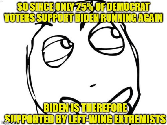 Question Rage Face Meme | SO SINCE ONLY 25% OF DEMOCRAT VOTERS SUPPORT BIDEN RUNNING AGAIN BIDEN IS THEREFORE SUPPORTED BY LEFT-WING EXTREMISTS | image tagged in memes,question rage face | made w/ Imgflip meme maker