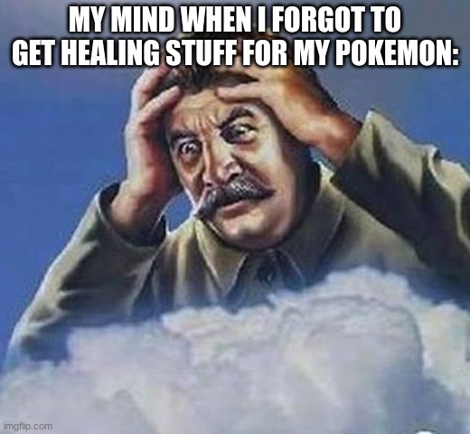 my mind... | MY MIND WHEN I FORGOT TO GET HEALING STUFF FOR MY POKEMON: | image tagged in worrying stalin | made w/ Imgflip meme maker