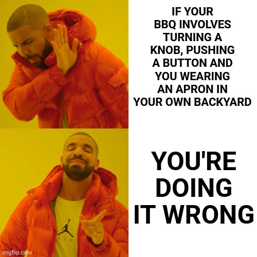 NO!  NO!  NO!  Good Grief Just NO! |  IF YOUR BBQ INVOLVES TURNING A KNOB, PUSHING A BUTTON AND YOU WEARING AN APRON IN YOUR OWN BACKYARD; YOU'RE DOING IT WRONG | image tagged in memes,drake hotline bling,bbq,backyard,backyard bbq,no just no | made w/ Imgflip meme maker