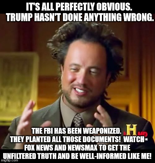 Aliens Guy | IT'S ALL PERFECTLY OBVIOUS.  TRUMP HASN'T DONE ANYTHING WRONG. THE FBI HAS BEEN WEAPONIZED.  THEY PLANTED ALL THOSE DOCUMENTS!  WATCH FOX NEWS AND NEWSMAX TO GET THE UNFILTERED TRUTH AND BE WELL-INFORMED LIKE ME! | image tagged in aliens guy | made w/ Imgflip meme maker