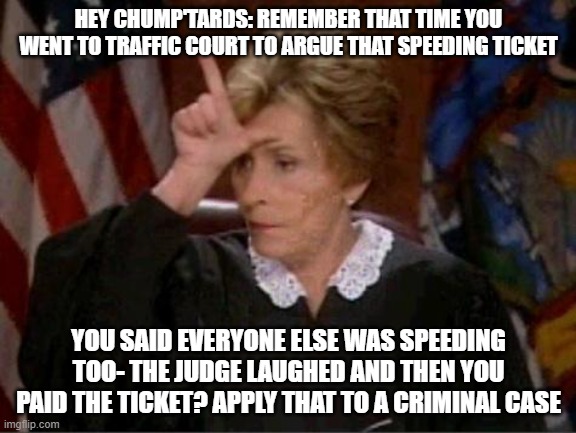 Judge Judy Loser | HEY CHUMP'TARDS: REMEMBER THAT TIME YOU WENT TO TRAFFIC COURT TO ARGUE THAT SPEEDING TICKET; YOU SAID EVERYONE ELSE WAS SPEEDING TOO- THE JUDGE LAUGHED AND THEN YOU PAID THE TICKET? APPLY THAT TO A CRIMINAL CASE | image tagged in judge judy loser | made w/ Imgflip meme maker