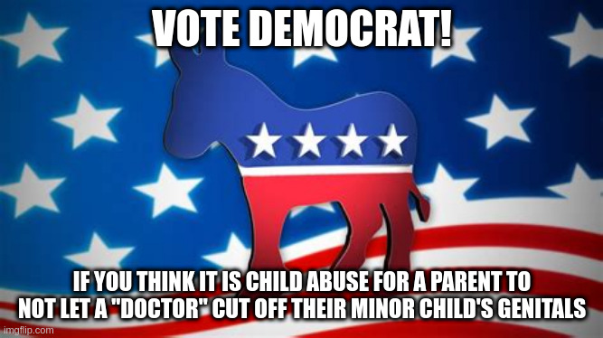 VOTE DEMOCRAT! IF YOU THINK IT IS CHILD ABUSE FOR A PARENT TO NOT LET A "DOCTOR" CUT OFF THEIR MINOR CHILD'S GENITALS | made w/ Imgflip meme maker