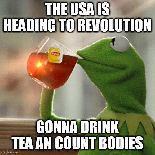 But That's None Of My Business Meme | THE USA IS HEADING TO REVOLUTION; GONNA DRINK TEA AN COUNT BODIES | image tagged in memes,but that's none of my business,kermit the frog | made w/ Imgflip meme maker