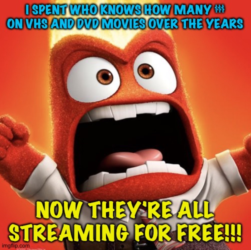 If I could only forsee the future I'd save a lot of money... | I SPENT WHO KNOWS HOW MANY $$$ ON VHS AND DVD MOVIES OVER THE YEARS; NOW THEY'RE ALL STREAMING FOR FREE!!! | image tagged in anger mad | made w/ Imgflip meme maker