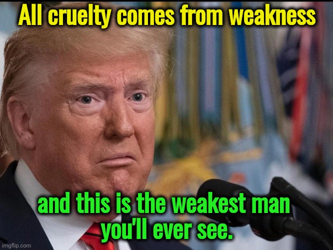 Snowflake tears | All cruelty comes from weakness; and this is the weakest man 
you'll ever see. | image tagged in donald trump - dilated eyes,trump,weak,snowflake,tears | made w/ Imgflip meme maker
