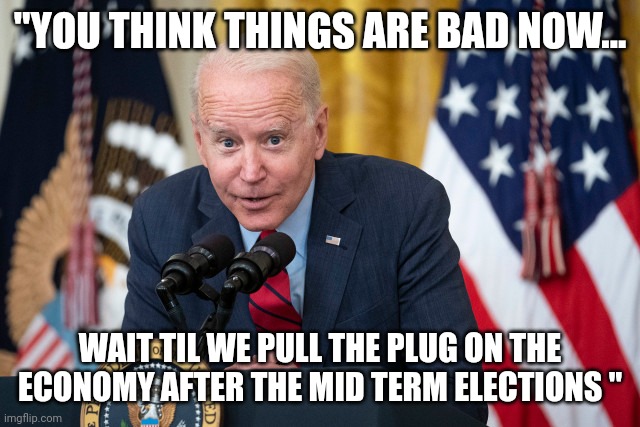 The truth is oyt there... | "YOU THINK THINGS ARE BAD NOW... WAIT TIL WE PULL THE PLUG ON THE ECONOMY AFTER THE MID TERM ELECTIONS " | image tagged in biden whisper | made w/ Imgflip meme maker