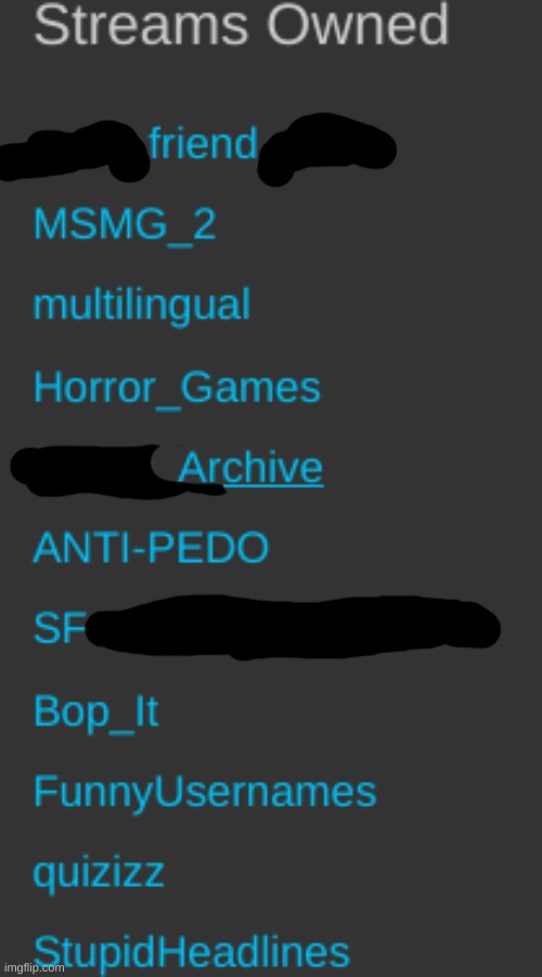streams I OWN/have been promoted to OWNER (blacking out private streams (my friend group)) | made w/ Imgflip meme maker