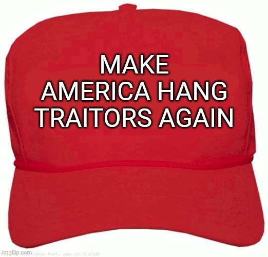 Leave their bodies for the crows as a warning to others | MAKE AMERICA HANG TRAITORS AGAIN | image tagged in red hat | made w/ Imgflip meme maker