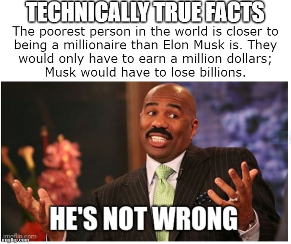 Stay tuned for more Technically True Facts. | TECHNICALLY TRUE FACTS; The poorest person in the world is closer to
being a millionaire than Elon Musk is. They
would only have to earn a million dollars;
Musk would have to lose billions. | image tagged in well he's not 'wrong' | made w/ Imgflip meme maker