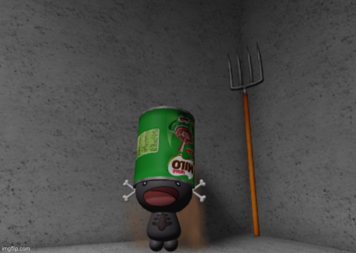 A paldean wooper wearing a milo tin standing next to a pitchfork in roblox | made w/ Imgflip meme maker