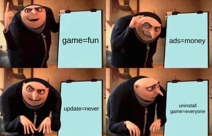 Gru's Plan Meme | game=fun; ads=money; update=never; uninstall game=everyone | image tagged in memes,gru's plan | made w/ Imgflip meme maker