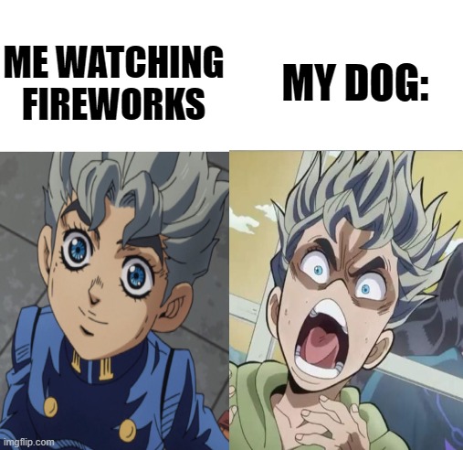 Scary fireworks | MY DOG:; ME WATCHING FIREWORKS | image tagged in anime meme,jojo's bizarre adventure,dogs,fireworks | made w/ Imgflip meme maker