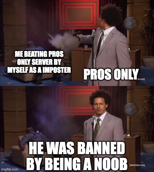 happened to me for this anyone else? | ME BEATING PROS ONLY SERVER BY MYSELF AS A IMPOSTER; PROS ONLY; HE WAS BANNED BY BEING A NOOB | image tagged in why would x do this,among us | made w/ Imgflip meme maker