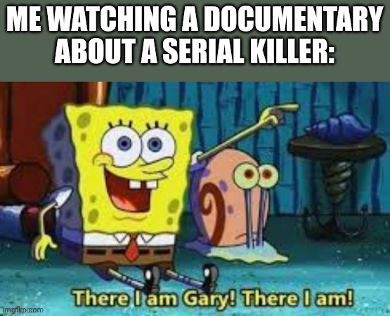 Hey they are talking me | ME WATCHING A DOCUMENTARY ABOUT A SERIAL KILLER: | image tagged in there i am gary | made w/ Imgflip meme maker