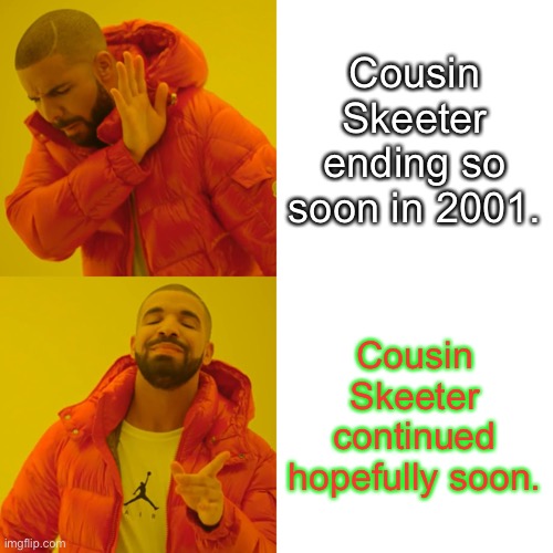 Drake Hotline Bling Meme | Cousin Skeeter ending so soon in 2001. Cousin Skeeter continued hopefully soon. | image tagged in memes,drake hotline bling | made w/ Imgflip meme maker