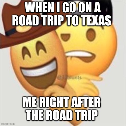 sheeeeesh | WHEN I GO ON A ROAD TRIP TO TEXAS; ME RIGHT AFTER THE ROAD TRIP | image tagged in funny memes | made w/ Imgflip meme maker