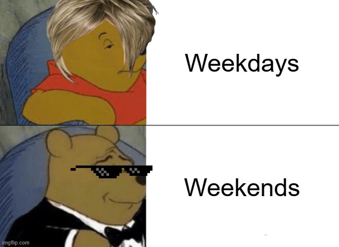 Tuxedo Winnie The Pooh Meme | Weekdays; Weekends | image tagged in memes,tuxedo winnie the pooh | made w/ Imgflip meme maker