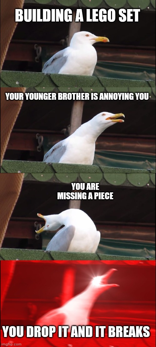 Children's nightmare | BUILDING A LEGO SET; YOUR YOUNGER BROTHER IS ANNOYING YOU; YOU ARE MISSING A PIECE; YOU DROP IT AND IT BREAKS | image tagged in memes,inhaling seagull | made w/ Imgflip meme maker